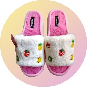 Nwt Kensie Pink and White Fuzzy Fruit Slippers Slides Sz Med 7 - 8